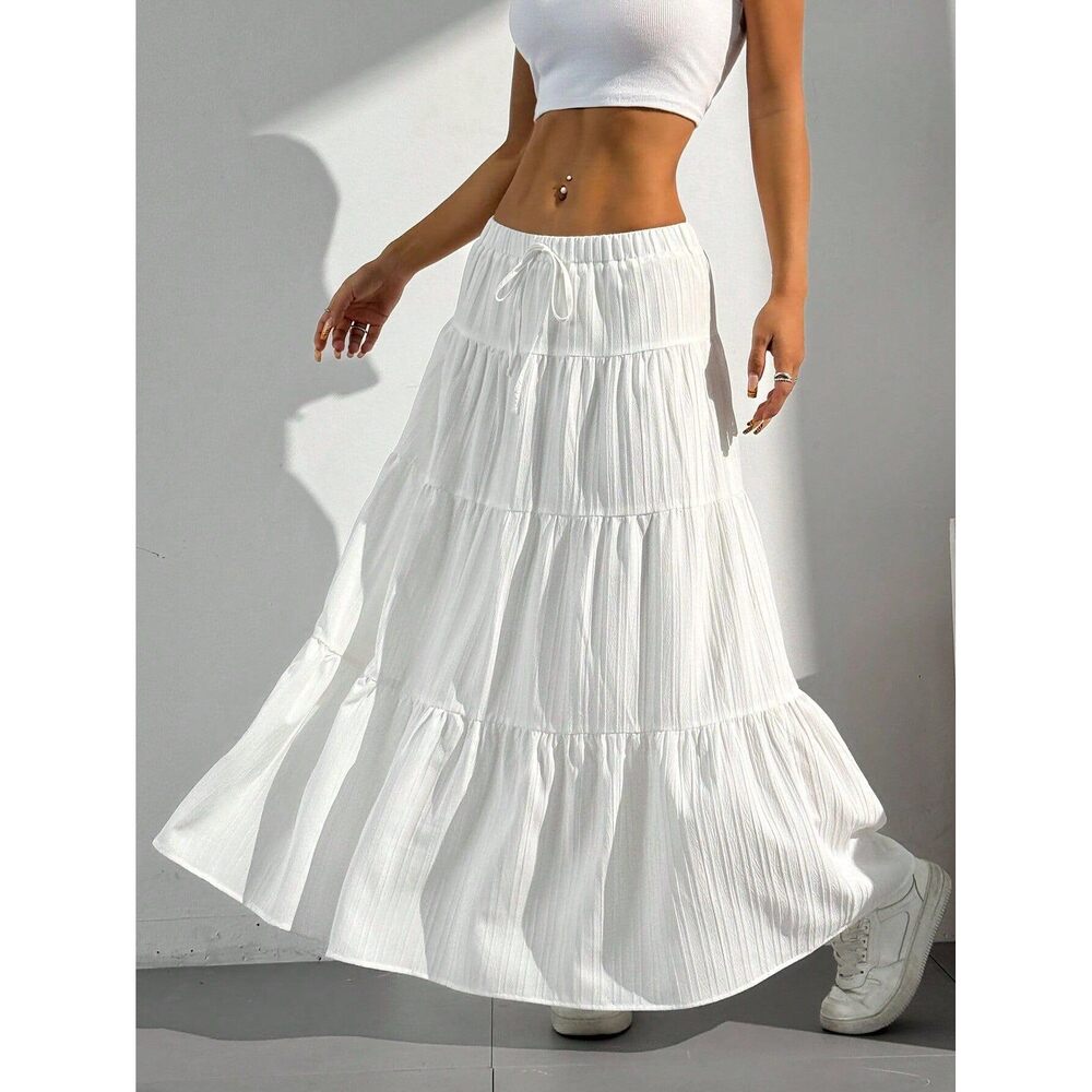 5931 Maxi Skirts Solid Color Long Skirts Summer High Waist Ruffled Hem - Picture 4 of 5